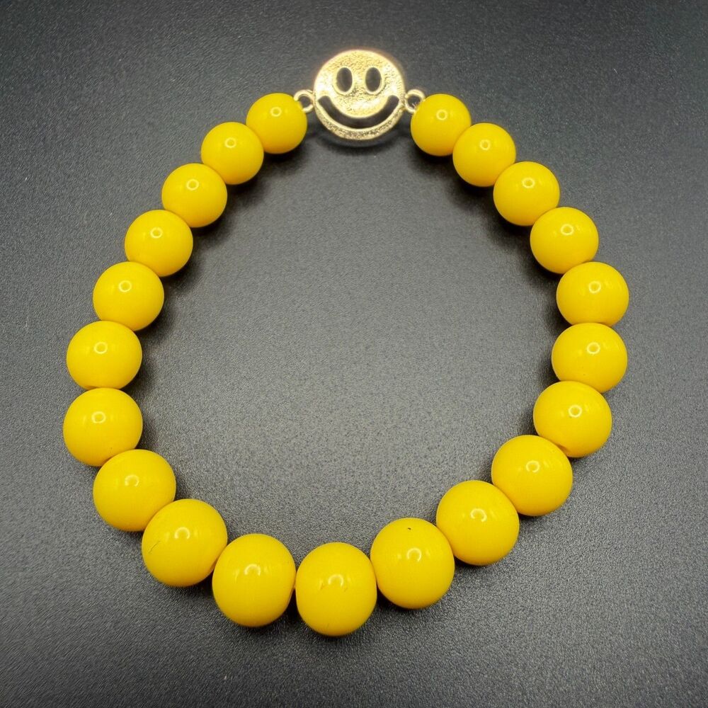 Yellow Smiley Face Stretch Bead Acrylic Charm Bracelet For Women